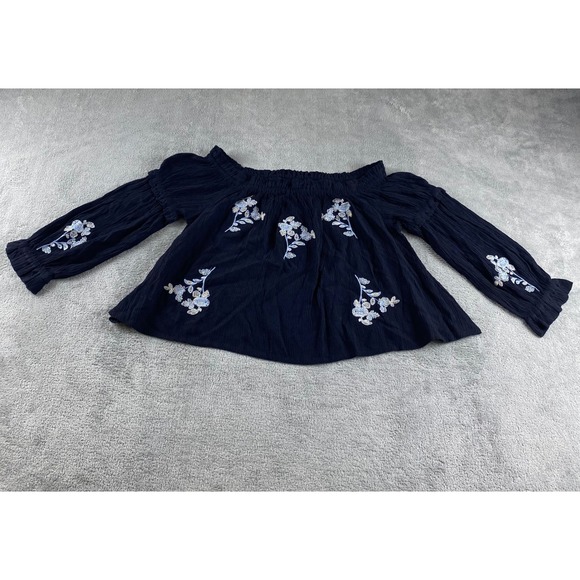 Shyanne Tops - SHYANNE Black Off The Shoulder Embroidered Floral Crinkle Blouse Top Size M